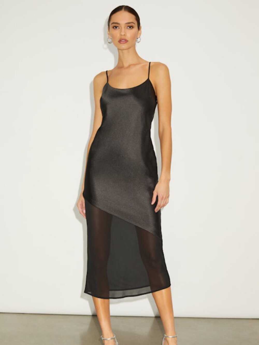 Lulus Drew Black Satin And Chiffon Midi Slip Dress - Size S